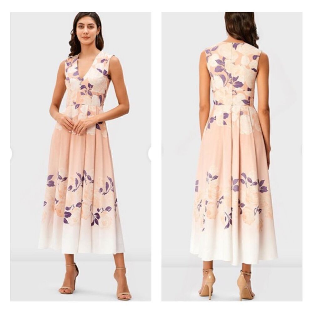eShakti floral ombre crêpe banded empire waist plunge V maxi dress women’s /XL‎